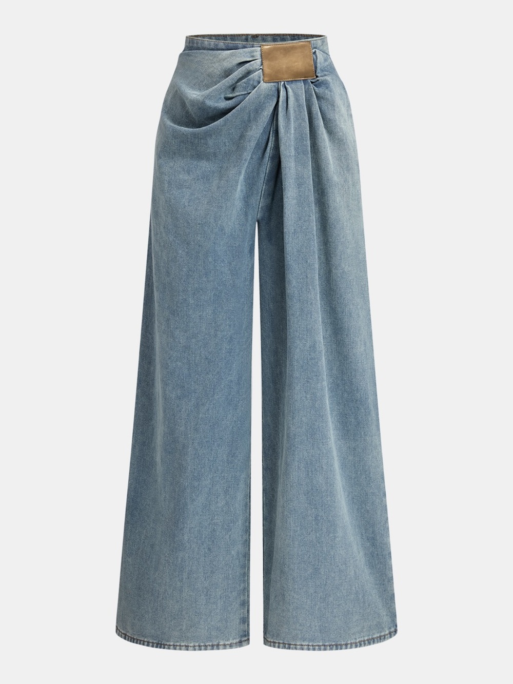 Commense Asymmetrical Ruched Denim Wide-Leg Pants